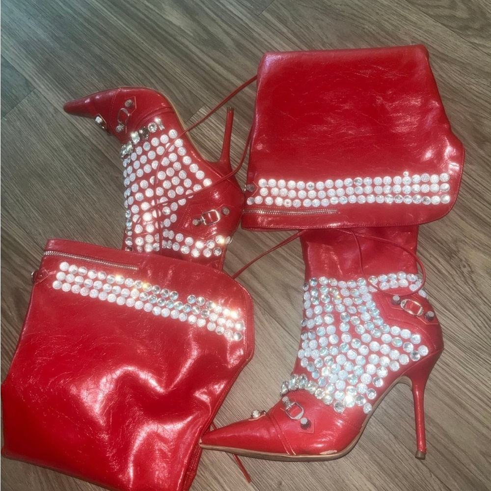Red Crystal-Embellished Pointed Stiletto Booties - Women's Heeled Boots